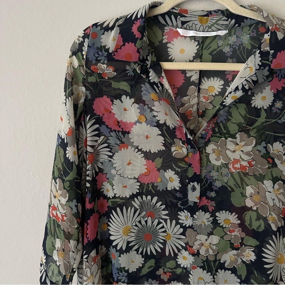Zara Floral transparent boho blogger Midi Shirt Duster Dress Navy M - Picture 2 of 9